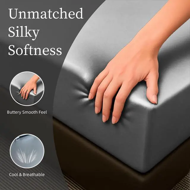 Alt view image 3 of 7 - Ultra-Soft Satin Sheets King Size Bed Set, Luxury Soft Grey Silky Sheets for Hair and Skin, Non-Fading & Wrinkle Free, 2 Pillowcases, 1 Flat Sheet, 1 Fitted Sheet