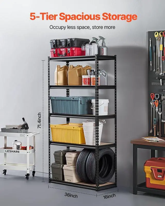 Alt view image 3 of 7 - Storage Shelves, 2000 lbs, 5 Tier Garage Storage Shelving, 16" D x 36" W x 71.4" H Adjustable Metal Shelves for Garage Shelves Utility Rack Shelf, Ideal for Kitchen, Warehouse, Basement, Black