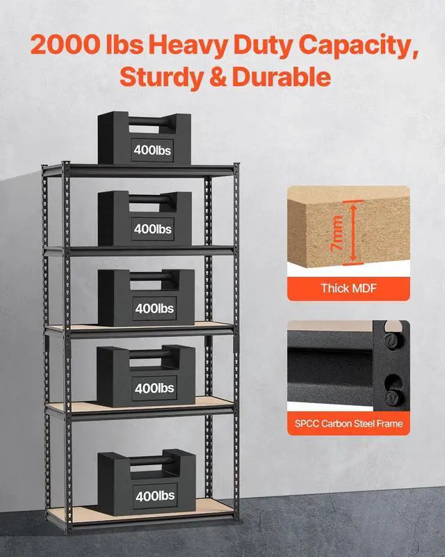 Alt view image 4 of 7 - Storage Shelves, 2000 lbs, 5 Tier Garage Storage Shelving, 16" D x 36" W x 71.4" H Adjustable Metal Shelves for Garage Shelves Utility Rack Shelf, Ideal for Kitchen, Warehouse, Basement, Black