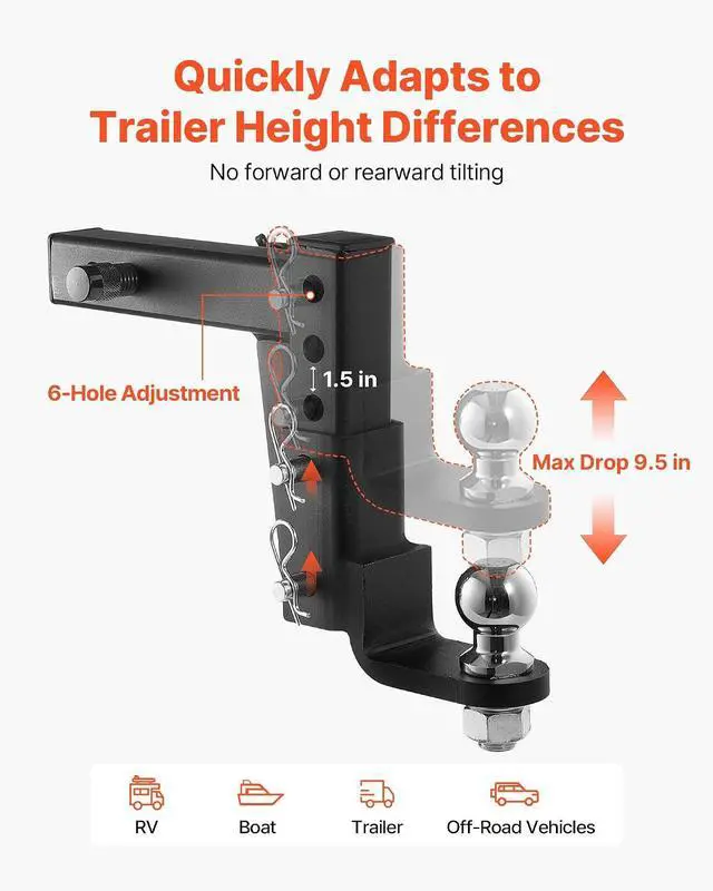 Alt view image 4 of 7 - Trailer Hitch Ball Mount, Fit 2-Inch Receiver, Adjustable Trailer Hitch with 2 Inch Ball & Pin, 7500 lbs GTW, 9.5 Inch Drop, Towing Ball Mounts for RVs, Off-Road Vehicles and Trucks, Black