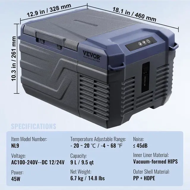 Alt view image 7 of 7 - Car Refrigerator, 12 Volt Car Refrigerator Fridge, 9 L Single Zone Portable Freezer Cooler, -4-68 Adjustable Range, 12/24V DC and 100-240V AC Compressor, for Outdoor, Camping, RV