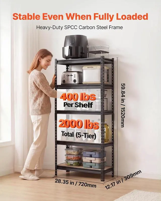 Alt view image 3 of 7 - Storage Shelves, 5-Tier Adjustable, 2000 lbs Capacity, Heavy Duty Garage Storage Shelving Unit, Metal Utility Rack Shelf, for Kitchen Pantry Basement Bathroom, 28.35" W x 12.17" D x 59.84" H