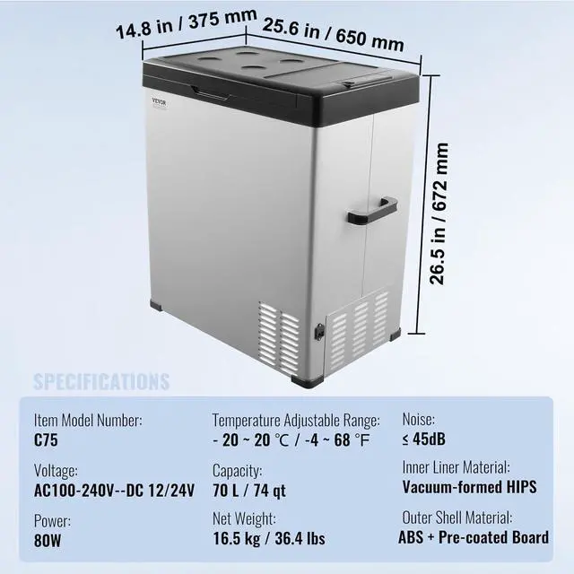 Alt view image 7 of 7 - 12 Volt Car Refrigerator Fridge, 70Liter(74qt) Single Zone Portable Freezer, -4-68 Adjustable Range, 12/24V DC and 100-240V AC Compressor Cooler for Outdoor, Camping, RV, Silver