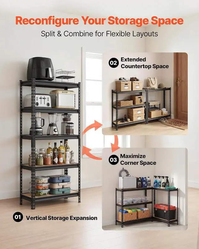 Alt view image 5 of 7 - Storage Shelves, 5-Tier Adjustable, 2000 lbs Capacity, Heavy Duty Garage Storage Shelving Unit, Metal Utility Rack Shelf, for Kitchen Pantry Basement Bathroom, 28.35" W x 12.17" D x 59.84" H