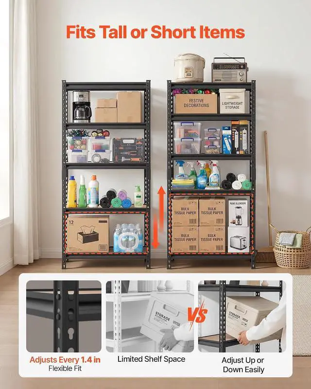 Alt view image 4 of 7 - Storage Shelves, 5-Tier Adjustable, 2000 lbs Capacity, Heavy Duty Garage Storage Shelving Unit, Metal Utility Rack Shelf, for Kitchen Pantry Basement Bathroom, 28.35" W x 12.17" D x 59.84" H