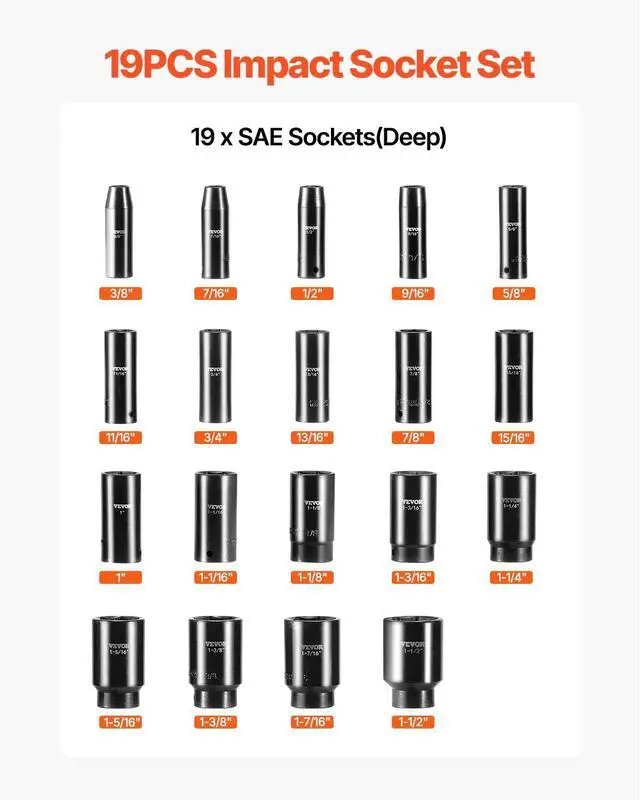 Alt view image 3 of 7 - Impact Socket Set 1/2 Inches 19 Piece, Deep Socket, 6-Point Sockets, Rugged Construction, Cr-V, 1/2 Inches Drive Socket Set Impact 3/8 inch - 1-1/2 inch, with a Storage Cage
