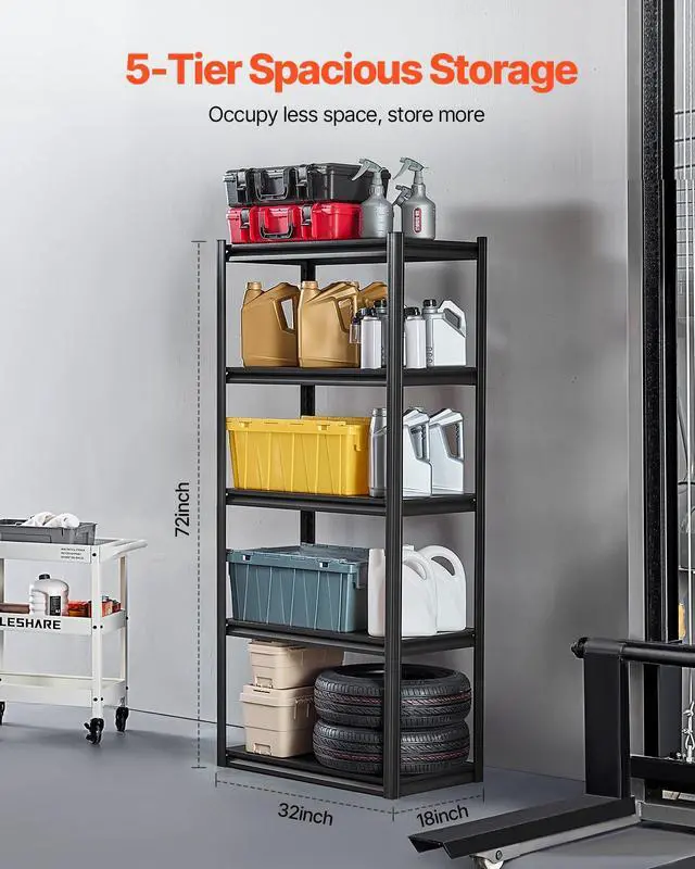 Alt view image 3 of 7 - Storage Shelves, 2000 lbs, 5 Tier Garage Storage Shelving, 18" D x 32" W x 72" H Adjustable Metal Shelves for Garage Shelves Utility Rack Shelf, Ideal for Kitchen, Warehouse, Basement, Black