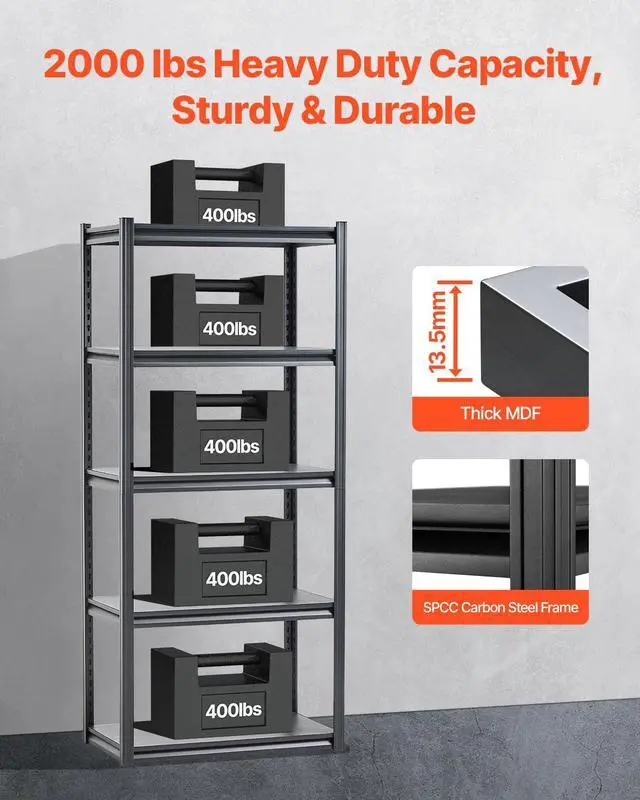Alt view image 4 of 7 - Storage Shelves, 2000 lbs, 5 Tier Garage Storage Shelving, 18" D x 32" W x 72" H Adjustable Metal Shelves for Garage Shelves Utility Rack Shelf, Ideal for Kitchen, Warehouse, Basement, Black