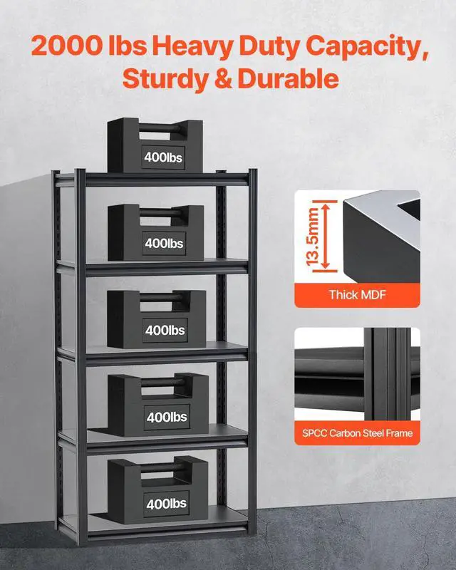 Alt view image 4 of 7 - Storage Shelves, 2000 lbs, 5 Tier Garage Storage Shelving, 16" D x 32" W x 63" H Adjustable Metal Shelves for Garage Shelves Utility Rack Shelf, Ideal for Kitchen, Warehouse, Basement, Black