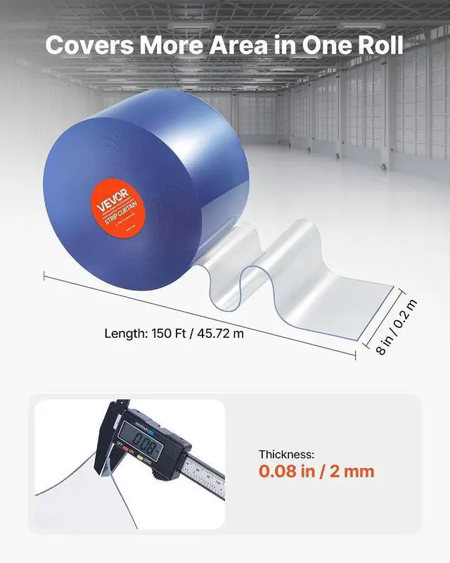 Alt view image 2 of 7 - Clear PVC Strip Curtain, 150 ft Length x 8 in Width, Plastic Door Strip Bulk Roll, Walk in Freezer Cooler Curtain Strips for Doorways of Supermarket, Garage, Warehouse, Barn, Pet Animal House