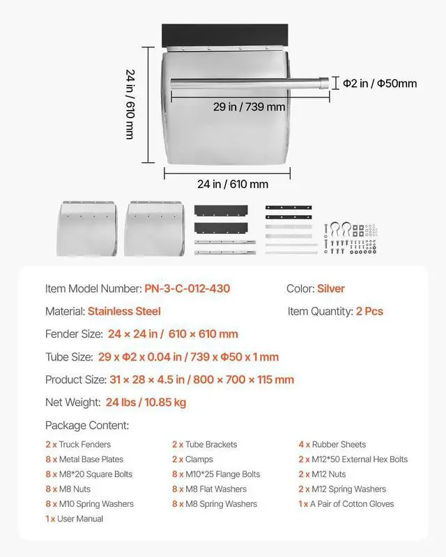 Alt view image 7 of 7 - Stainless Steel Quarter Fenders for Semi Trucks, 24" x 24" Semi Truck Fenders with Tube Bracket and Mounting Hardware, 1 Pair Right & Left Quarter Fender Set, Fit for Freightliner, Peterbilt