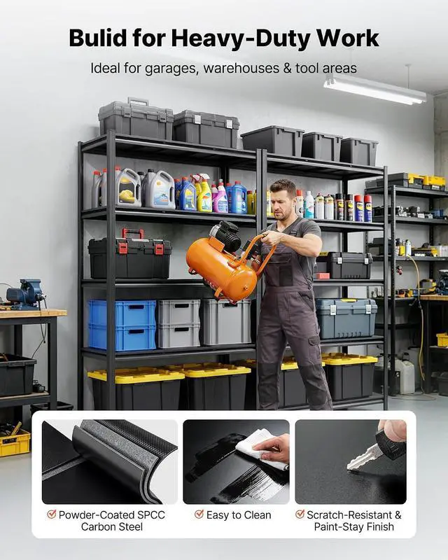 Alt view image 6 of 7 - Garage Shelving, 5-Tier Adjustable Storage Shelves, 3000 lbs Heavy Duty Garage Shelves, Metal Utility Rack Shelf for Garage Workshop Warehouse Basement, 48.43" W x 20.55" D x 71.38" H