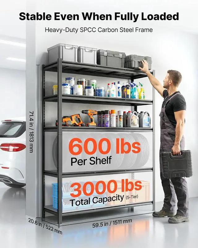 Alt view image 3 of 7 - Garage Shelving, 5-Tier Adjustable Storage Shelves, 3000 lbs Heavy Duty Garage Shelves, Metal Utility Rack Shelf for Garage Workshop Warehouse Basement, 59.49" W x 20.55" D x 71.38" H