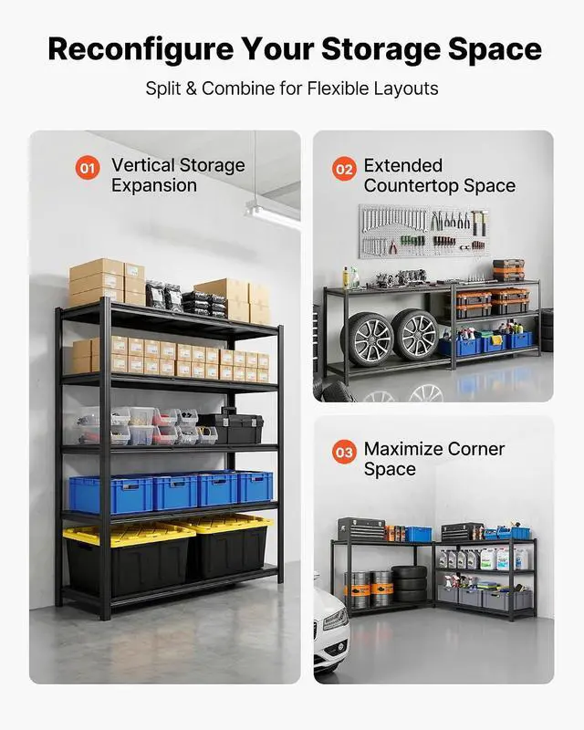 Alt view image 5 of 7 - Garage Shelving, 5-Tier Adjustable Storage Shelves, 3000 lbs Heavy Duty Garage Shelves, Metal Utility Rack Shelf for Garage Workshop Warehouse Basement, 59.49" W x 20.55" D x 71.38" H