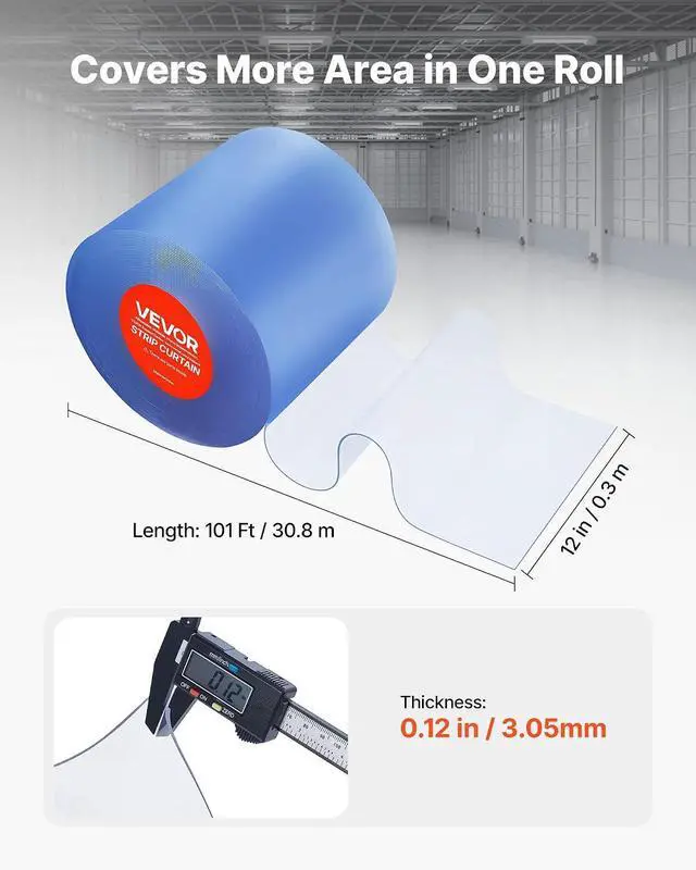 Alt view image 2 of 7 - Clear PVC Strip Curtain, 101 ft Length x 12 in Width, Thermal Insulating Plastic Door Strip Bulk Roll, Walk in Freezer Cooler Curtain Strips for Doorways of Supermarket, Garage, Warehouse