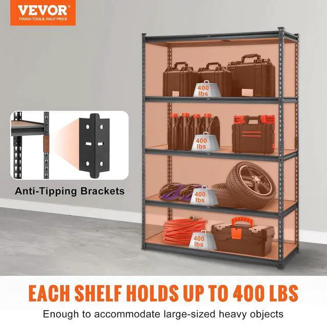 Alt view image 4 of 7 - Storage Shelving Unit, 5-Tier Adjustable, 2000 lbs Capacity, Heavy Duty Garage Shelves Metal Organizer Utility Rack, Black, 48" L x 18" W x 72" H for Kitchen Pantry Basement Bathroom Laundry