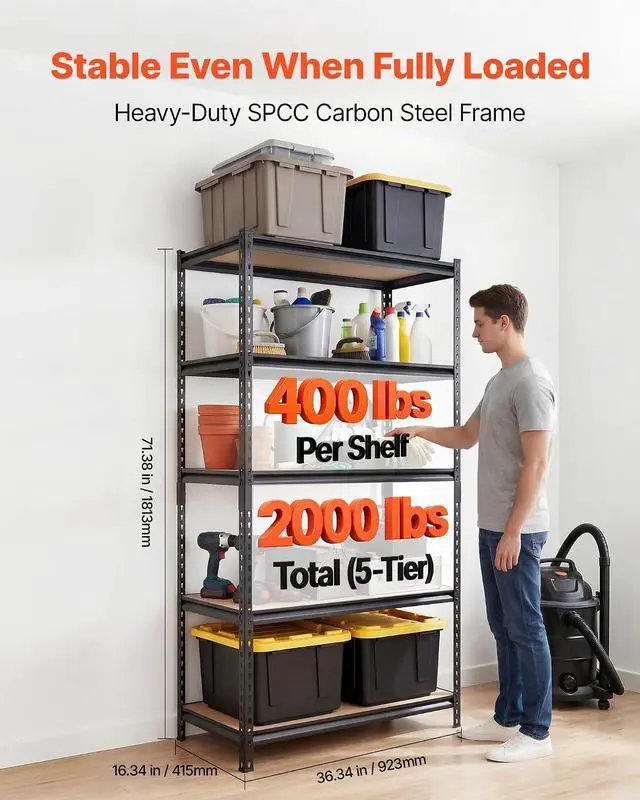 Alt view image 3 of 7 - Garage Shelving, 5-Tier Adjustable Storage Shelves, 3000 lbs Heavy Duty Garage Shelves, Metal Utility Rack Shelf for Garage Workshop Warehouse Basement, 59.49" W x 20.55" D x 71.38" H