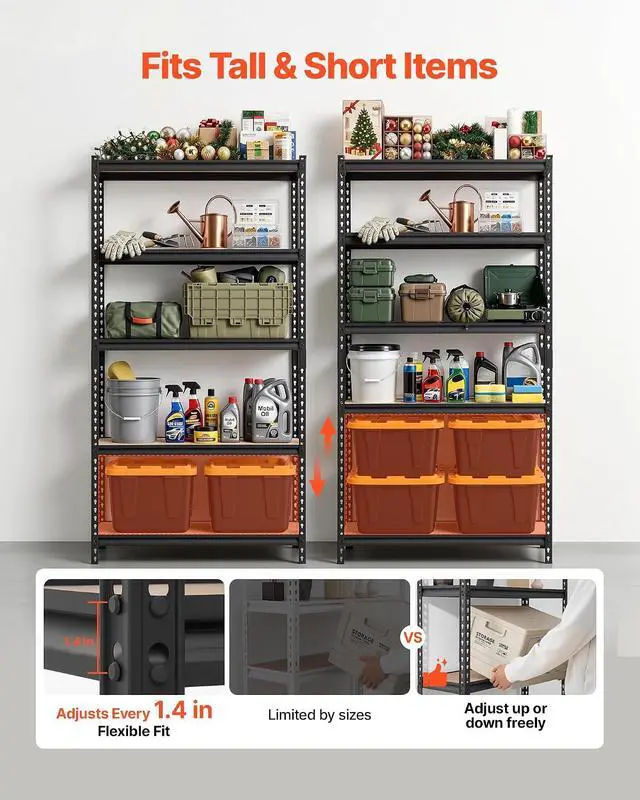 Alt view image 4 of 7 - Garage Shelving, 5-Tier Adjustable Storage Shelves, 3000 lbs Heavy Duty Garage Shelves, Metal Utility Rack Shelf for Garage Workshop Warehouse Basement, 59.49" W x 20.55" D x 71.38" H