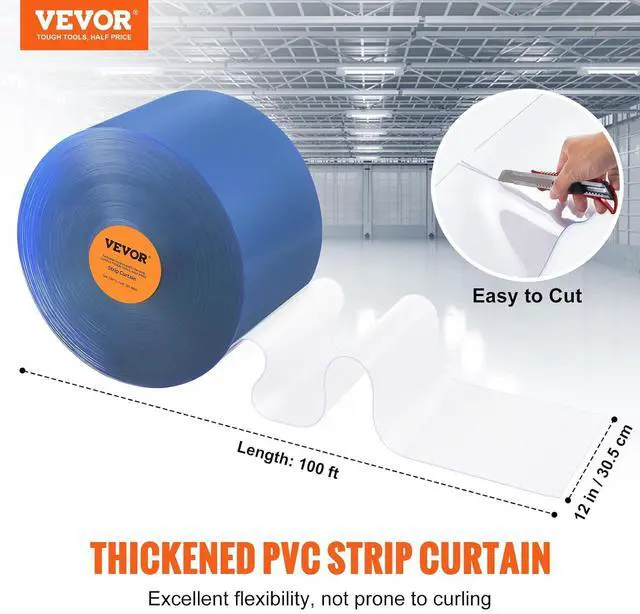 Alt view image 2 of 7 - Strip Curtain, 100' Length x 12" Width x 0.12" Thickness, Clear PVC Smooth Curtain Strip Door Bulk Roll, Plastic Door Strips for Doorway of Supermarket, Garage, Warehouse, Barn, Pet Animal House