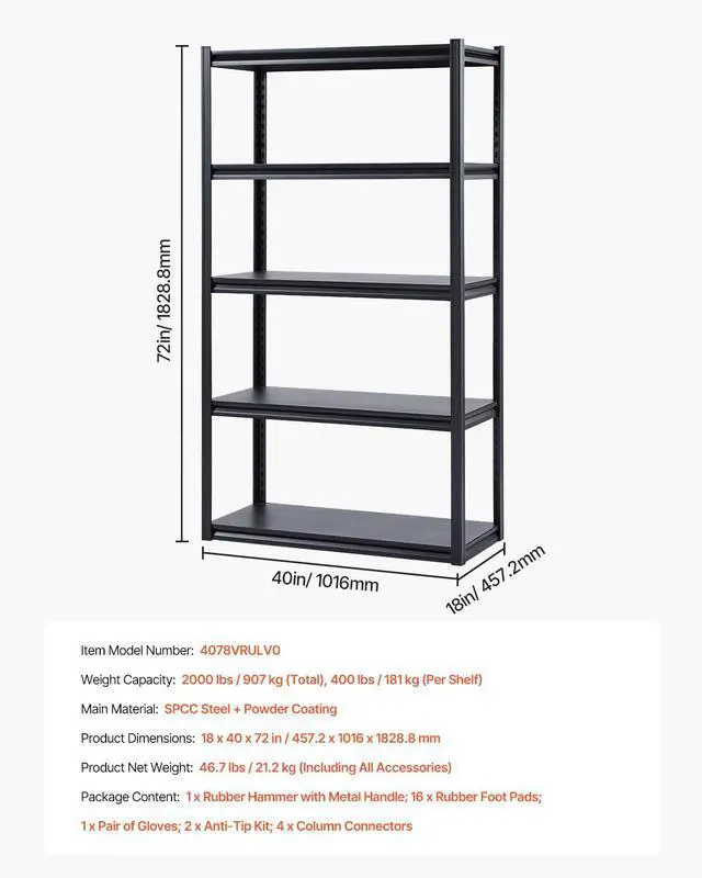 Alt view image 3 of 7 - Storage Shelves, 2000 lbs, 5 Tier Garage Storage Shelving, 18" D x 40" W x 72" H Adjustable Metal Shelves for Garage Shelves Utility Rack Shelf, Ideal for Kitchen, Warehouse, Basement, Black