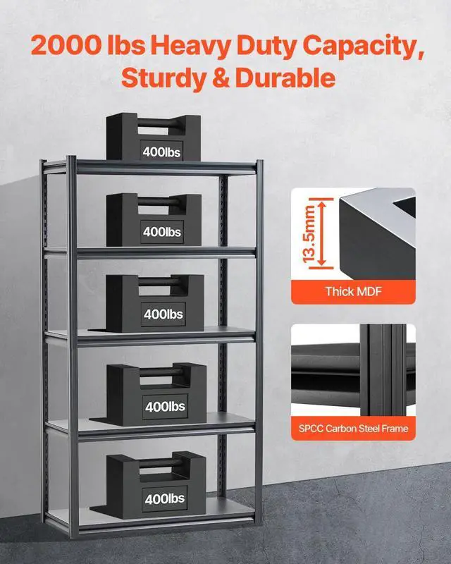Alt view image 4 of 7 - Storage Shelves, 2000 lbs, 5 Tier Garage Storage Shelving, 18" D x 40" W x 72" H Adjustable Metal Shelves for Garage Shelves Utility Rack Shelf, Ideal for Kitchen, Warehouse, Basement, Black