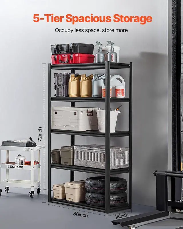 Alt view image 5 of 7 - Storage Shelves, 2000 lbs, 5 Tier Garage Storage Shelving, 18" D x 40" W x 72" H Adjustable Metal Shelves for Garage Shelves Utility Rack Shelf, Ideal for Kitchen, Warehouse, Basement, Black