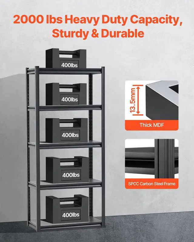 Alt view image 4 of 7 - Storage Shelves, 2000 lbs, 5 Tier Garage Storage Shelving, 16" D x 32" W x 72" H Adjustable Metal Shelves for Garage Shelves Utility Rack Shelf, Ideal for Kitchen, Warehouse, Basement, Black