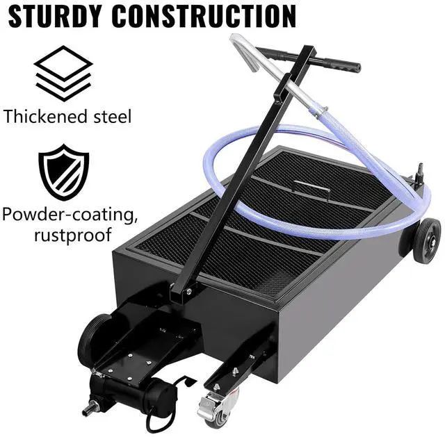 Alt view image 2 of 6 - Low Profile Oil Drain Pan, 25 Gal Oil Drain Pan with 110V High-Flow Electric Pump, Large Capacity Oil Change Pan with 7.2ft Hose & Folding Handle, Rolling Oil Drain Cart for Trucks, Buses, RVs