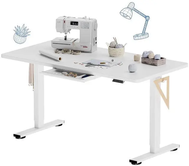 Main image of Electric Adjustable Workbench, 55x28 Inches Ergonomic Worktable with Drawer for Garage, Workshop, Office and Home, Spacious Desktop for Woodworking Sewing and Crafts, White, 3 Packages