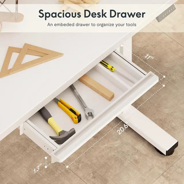 Alt view image 5 of 7 - Electric Adjustable Workbench, 55x28 Inches Ergonomic Worktable with Drawer for Garage, Workshop, Office and Home, Spacious Desktop for Woodworking Sewing and Crafts, White, 3 Packages