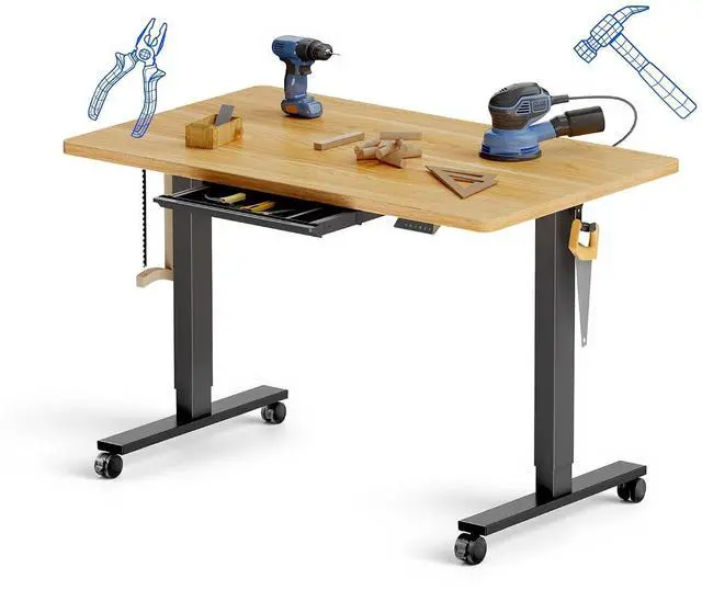 Main image of Electric Adjustable Workbench, 48x30 Inches Ergonomic Worktable with Drawer and Wheels for Garage, Workshop and Office, Spacious Desktop for Woodworking and Crafts, Maple, 4 Packages