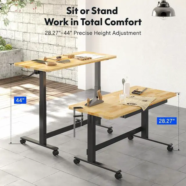 Alt view image 2 of 7 - Adjustable Height Workbench 47.2" x 23.6" Garage Work Table with Hand Crank, Drawer & Lockable Casters - Heavy-Duty Steel & Rubber Wood Top for Workshop, DIY Craft Table