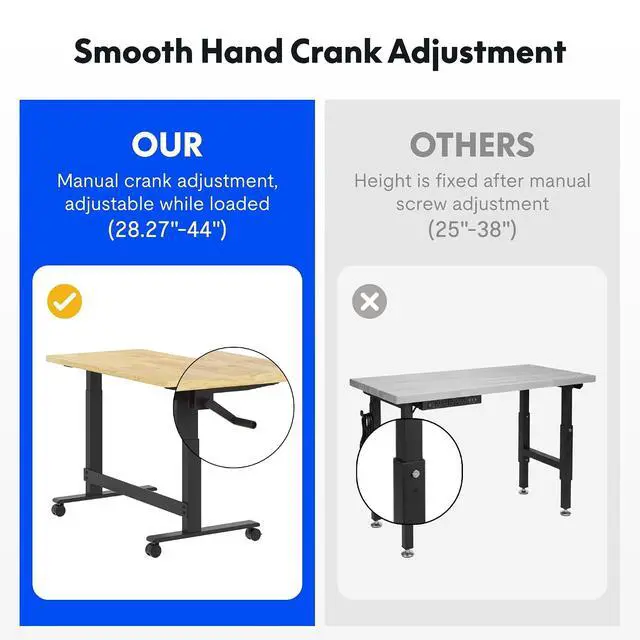 Alt view image 5 of 7 - Adjustable Height Workbench 47.2" x 23.6" Garage Work Table with Hand Crank, Drawer & Lockable Casters - Heavy-Duty Steel & Rubber Wood Top for Workshop, DIY Craft Table