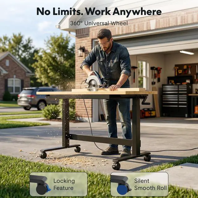 Alt view image 4 of 7 - Adjustable Height Workbench 47.2" x 23.6" Garage Work Table with Hand Crank, Drawer & Lockable Casters - Heavy-Duty Steel & Rubber Wood Top for Workshop, DIY Craft Table