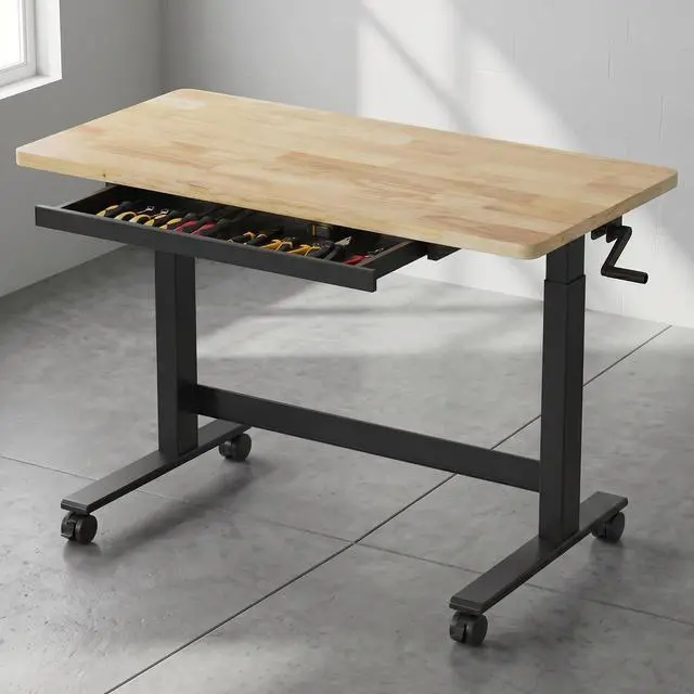 Main image of Hand Crank Adjustable Height Workbench, 47.2" x 23.6" Rubberwood Top with Drawers, 360° Casters & Heavy-Duty Steel Frame for Garage, Studio, Kitchen or Workshop