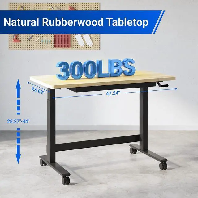 Alt view image 2 of 7 - Hand Crank Adjustable Height Workbench, 47.2" x 23.6" Rubberwood Top with Drawers, 360° Casters & Heavy-Duty Steel Frame for Garage, Studio, Kitchen or Workshop