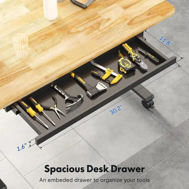 Alt view image 7 of 7 - Adjustable Height Workbench 47.2" x 23.6" Garage Work Table with Hand Crank, Drawer & Lockable Casters - Heavy-Duty Steel & Rubber Wood Top for Workshop, DIY Craft Table