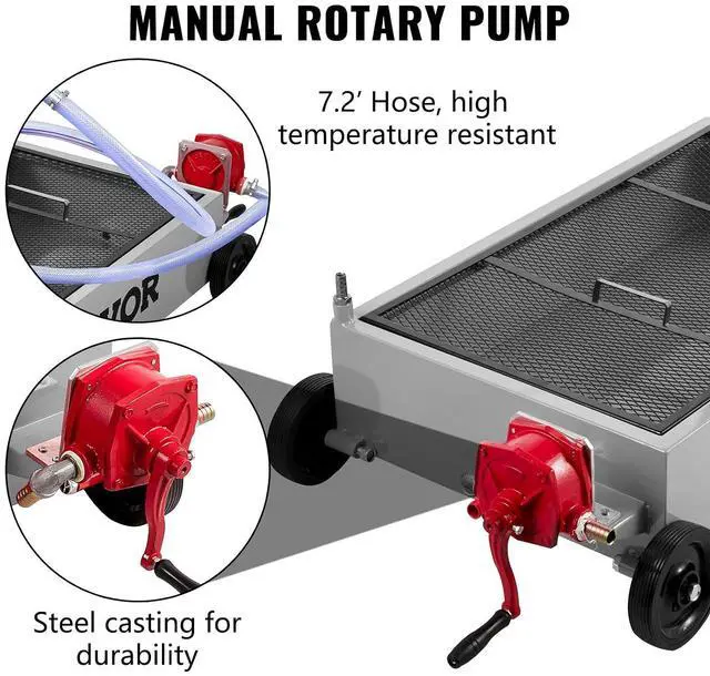 Alt view image 3 of 7 - Oil Drain Pan 15 Gallon Oil Drain Tank, 57L Low Profile Oil Drain Pan, Large Capacity Oil Change Pan, Foldable Hand, with Pump, Hose, Swivel Casters Wheels for Car, SUV, Trucks Oil Draining