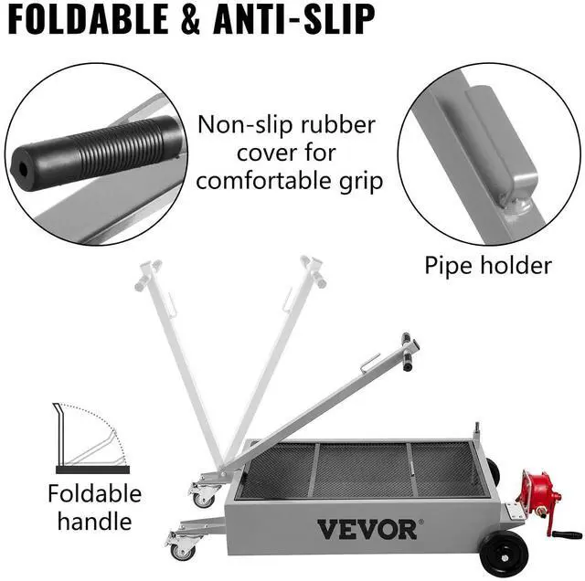 Alt view image 6 of 7 - Oil Drain Pan 15 Gallon Oil Drain Tank, 57L Low Profile Oil Drain Pan, Large Capacity Oil Change Pan, Foldable Hand, with Pump, Hose, Swivel Casters Wheels for Car, SUV, Trucks Oil Draining