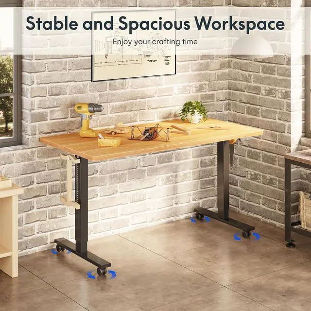 Alt view image 2 of 7 - Electric Adjustable Workbench, 48x30 Inches Ergonomic Worktable with Wheels for Garage, Workshop, Office and Home, Spacious Desktop for Woodworking Sewing and Crafts, Maple, 3 Packages