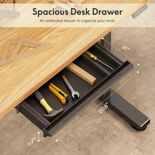 Alt view image 6 of 7 - Electric Adjustable Workbench, 55x28 Inches Ergonomic Worktable with Drawer and Wheels for Garage, Workshop and Office, Spacious Desktop for Woodworking and Crafts, Maple, 4 Packages