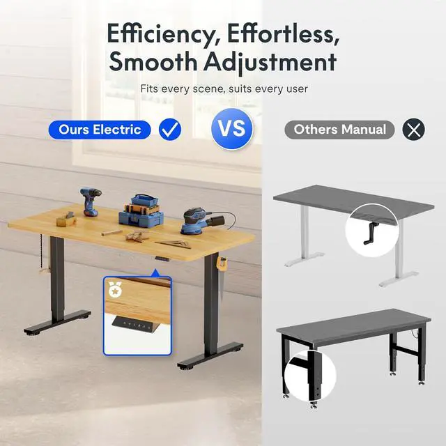 Alt view image 3 of 7 - Electric Adjustable Workbench, 48x30 Inches Ergonomic Worktable with Wheels for Garage, Workshop, Office and Home, Spacious Desktop for Woodworking Sewing and Crafts, Maple, 3 Packages