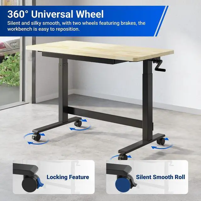 Alt view image 6 of 7 - Hand Crank Adjustable Height Workbench, 47.2" x 23.6" Rubberwood Top with Drawers, 360° Casters & Heavy-Duty Steel Frame for Garage, Studio, Kitchen or Workshop