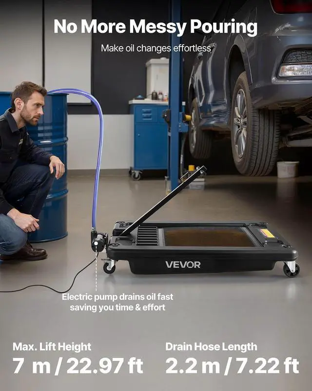 Alt view image 2 of 7 - Low Profile Oil Drain Pan, 17-Gallon Plastic Oil Change Pan, Effective Oil Drain Cart with 180W Electric Pump, Wheels & Folding Handle, Oil Drain Tank for Cars, SUVs, Trucks, Buses, RVs