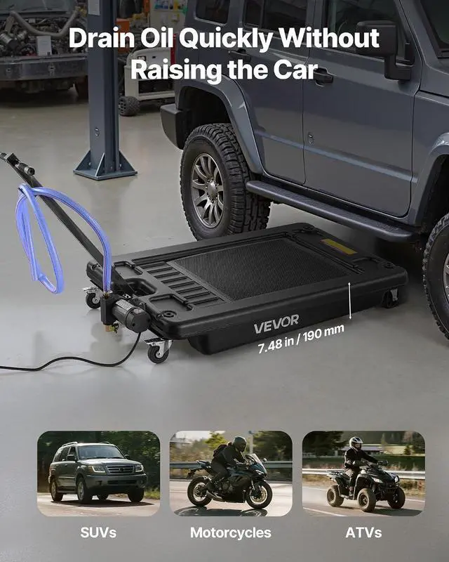 Alt view image 4 of 7 - Low Profile Oil Drain Pan, 17-Gallon Plastic Oil Change Pan, Effective Oil Drain Cart with 180W Electric Pump, Wheels & Folding Handle, Oil Drain Tank for Cars, SUVs, Trucks, Buses, RVs