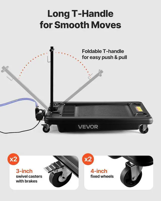 Alt view image 5 of 7 - Low Profile Oil Drain Pan, 17-Gallon Plastic Oil Change Pan, Effective Oil Drain Cart with 180W Electric Pump, Wheels & Folding Handle, Oil Drain Tank for Cars, SUVs, Trucks, Buses, RVs
