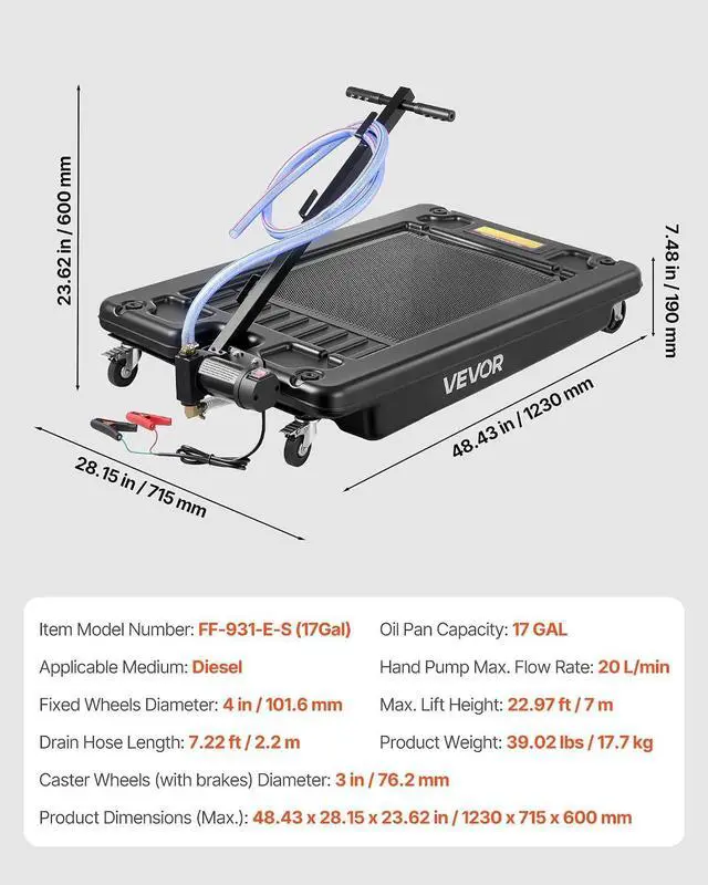 Alt view image 7 of 7 - Low Profile Oil Drain Pan, 17-Gallon Plastic Oil Change Pan, Effective Oil Drain Cart with 180W Electric Pump, Wheels & Folding Handle, Oil Drain Tank for Cars, SUVs, Trucks, Buses, RVs
