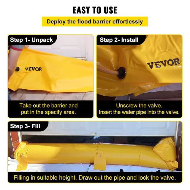 Alt view image 4 of 7 - Flood Barrier for Home, 24 ft Length x 12 in Height Sandbag Alternative, Water Barrier for Flooding, Reusable PVC Water Diversion Tubes, Flood Prevention Barriers for Door, Garages