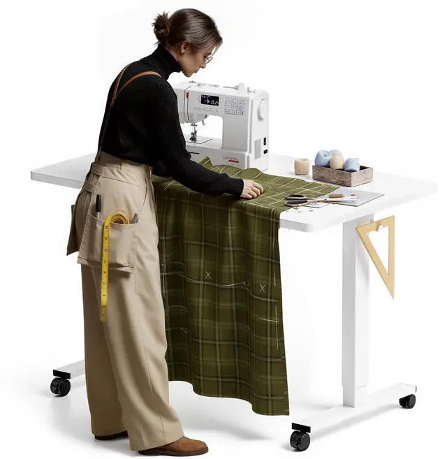 Main image of Electric Adjustable Workbench, 48x30 Inches Ergonomic Worktable with Wheels for Garage, Workshop, Office and Home, Spacious Desktop for Woodworking Sewing and Crafts, White, 3 Packages