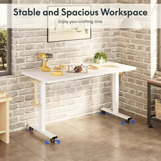 Alt view image 7 of 7 - Electric Adjustable Workbench, 48x30 Inches Ergonomic Worktable with Wheels for Garage, Workshop, Office and Home, Spacious Desktop for Woodworking Sewing and Crafts, White, 3 Packages